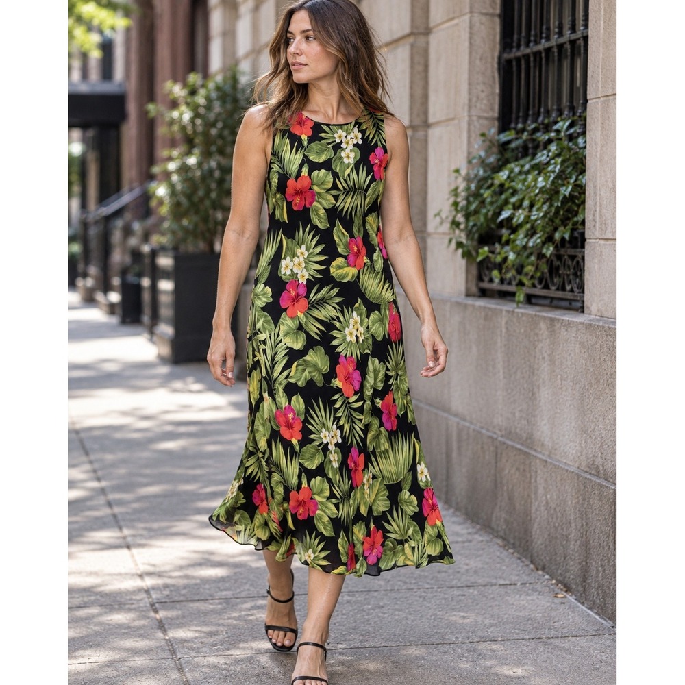 Vintage 90s Lauren Ralph Lauren Silk Hibiscus Tropical Midi Dress Black 16